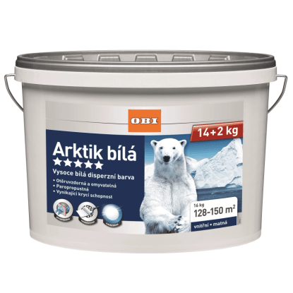 Kbelík bílé interiérové barvy „Arktik bílá“ od OBI s motivem ledního medvěda. Kbelík bílé interiérové barvy „Arktik bílá“ od OBI s motivem ledního medvěda.