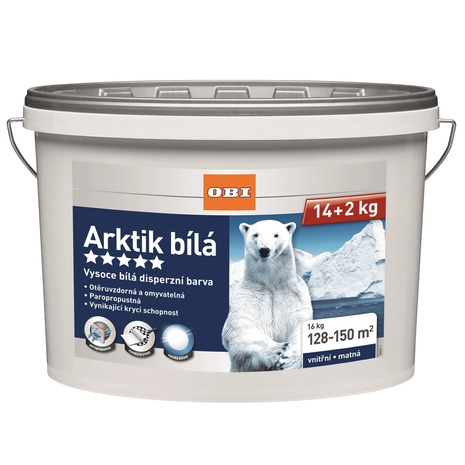 Kbelík bílé interiérové barvy „Arktik bílá“ od OBI s motivem ledního medvěda. Kbelík bílé interiérové barvy „Arktik bílá“ od OBI s motivem ledního medvěda.