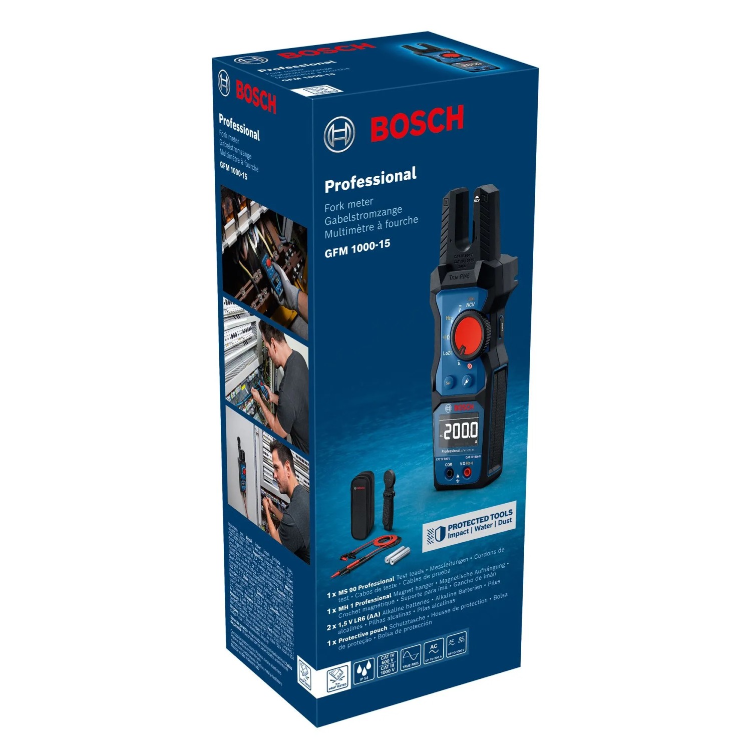 Klešťový měřič proudu Bosch Professional GFM 1000-15 v modré krabici. Klešťový měřič proudu Bosch Professional GFM 1000-15 v modré krabici.