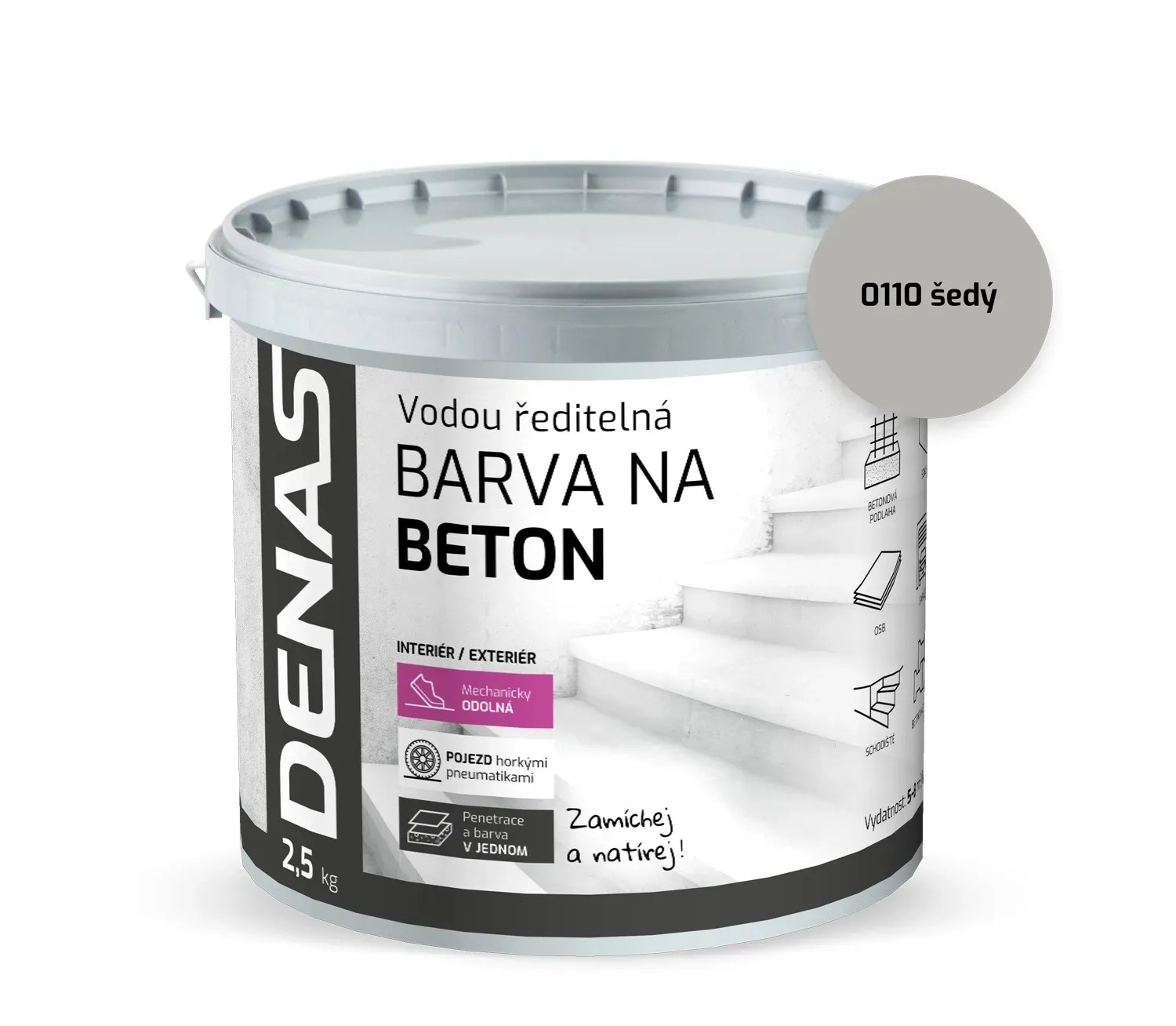 DENAS Vodou ředitelná barva na beton BETON 0110 šedá 2,5 kg DENAS Vodou ředitelná barva na beton BETON 0110 šedá 2,5 kg