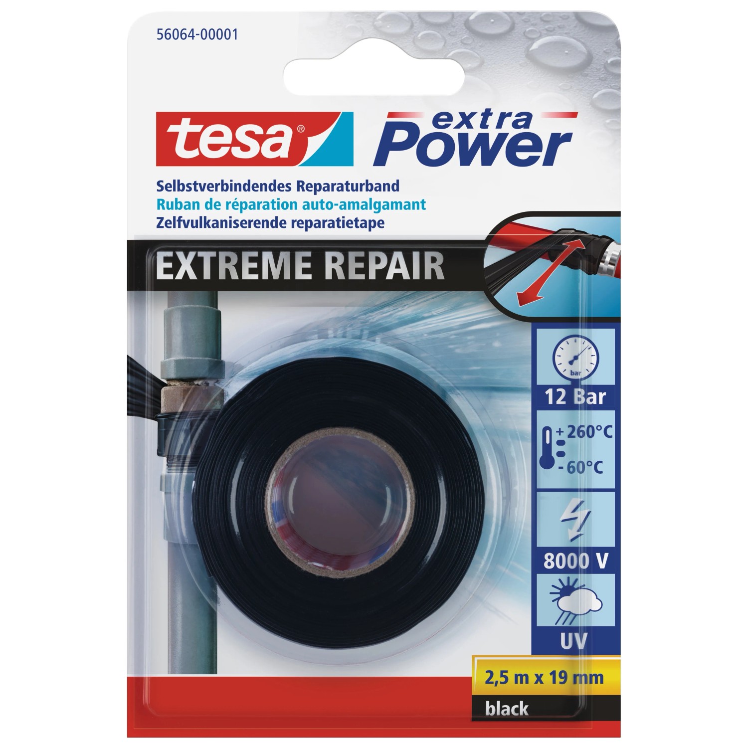 Tesa extra Power Extreme Repair, černá opravná páska, 2,5 m x 19 mm, samovulkanizační. Tesa extra Power Extreme Repair, černá opravná páska, 2,5 m x 19 mm, samovulkanizační.