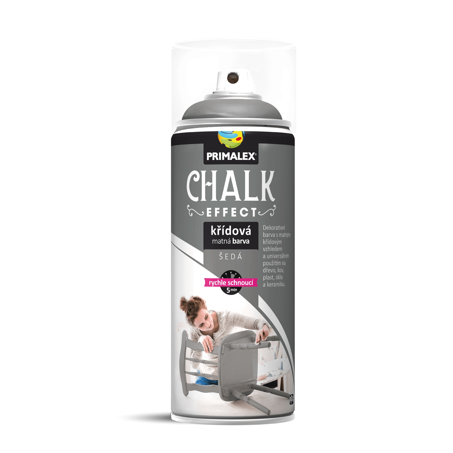 PRIMALEX Křídová matná barva ve spreji Chalk Effect šedá 400 ml PRIMALEX Křídová matná barva ve spreji Chalk Effect šedá 400 ml