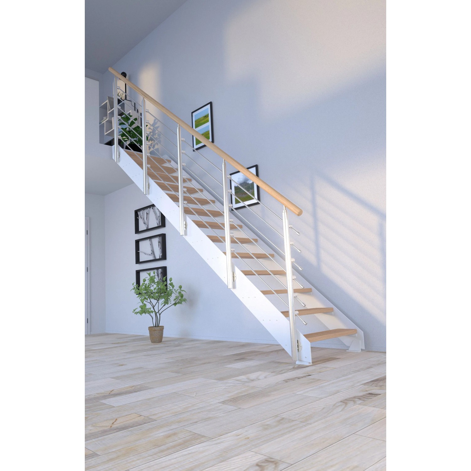 Bílé schodiště Kos s 10 stupni z olejovaného dubu a designovým zábradlím. Certifikováno FSC®. Bílé schodiště Kos s 10 stupni z olejovaného dubu a designovým zábradlím. Certifikováno FSC®.