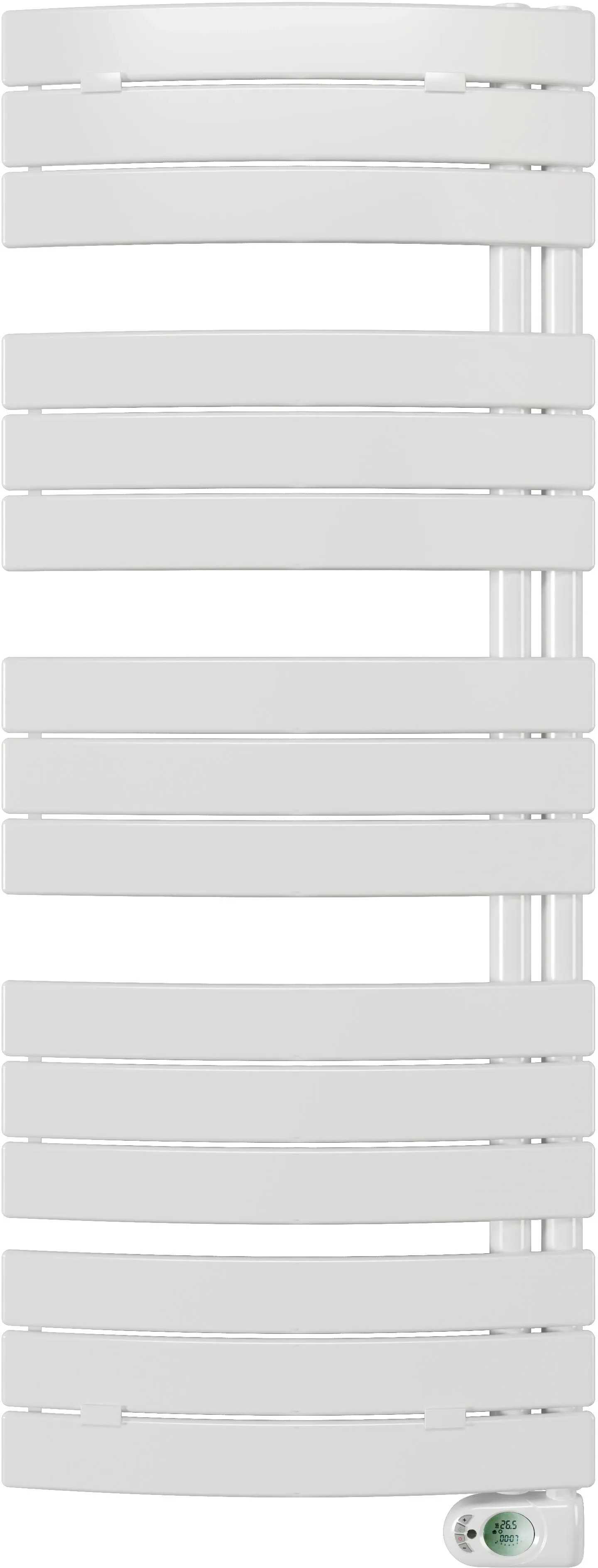 Bílý, prohnutý elektrický koupelnový radiátor Sanotechnik Salzburg, 1380x550 mm. Bílý, prohnutý elektrický koupelnový radiátor Sanotechnik Salzburg, 1380x550 mm.