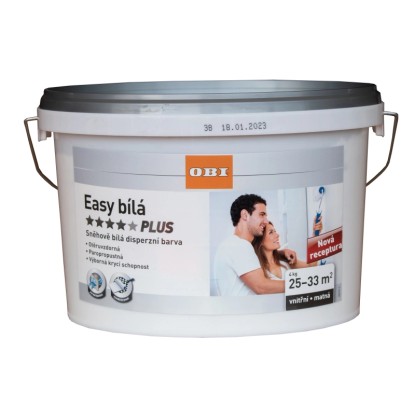 Kbelík bílé interiérové barvy od OBI, Easy bílá PLUS, na stěny a stropy. Kbelík bílé interiérové barvy od OBI, Easy bílá PLUS, na stěny a stropy.