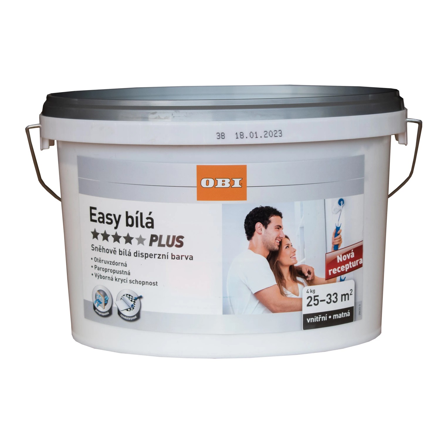 Kbelík bílé interiérové barvy od OBI, Easy bílá PLUS, na stěny a stropy. Kbelík bílé interiérové barvy od OBI, Easy bílá PLUS, na stěny a stropy.