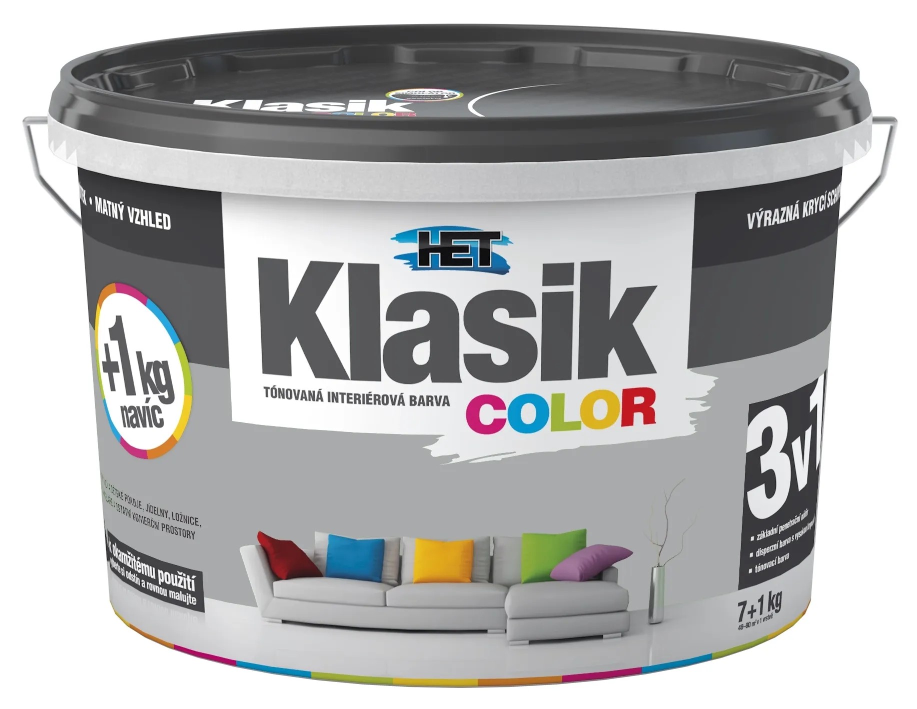 HET Klasik COLOR Tónovaná interiérová barva KC 0147 šedá břidlicová, 7 + 1 kg HET Klasik COLOR Tónovaná interiérová barva KC 0147 šedá břidlicová, 7 + 1 kg