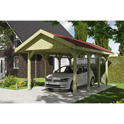 Skan Holz Přístřešek na auto Wallgau zelený, červené šindele, 380 x 600 cm Skan Holz Přístřešek na auto Wallgau zelený, červené šindele, 380 x 600 cm