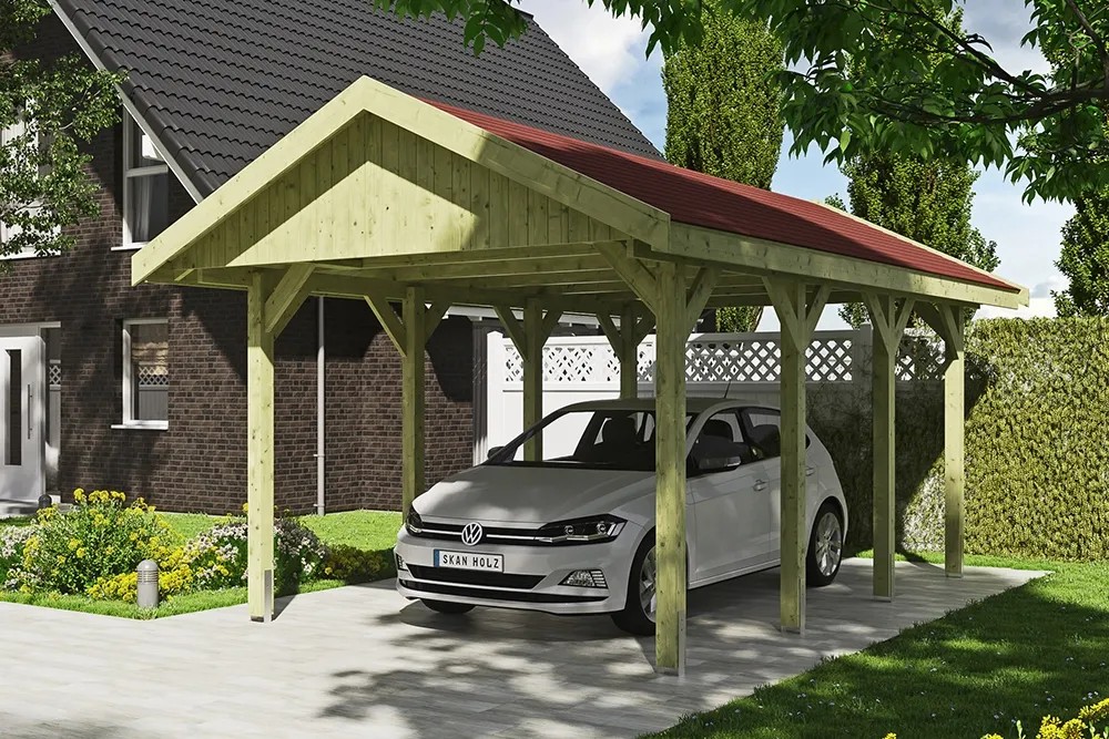 Skan Holz Přístřešek na auto Wallgau zelený, červené šindele, 380 x 600 cm Skan Holz Přístřešek na auto Wallgau zelený, červené šindele, 380 x 600 cm