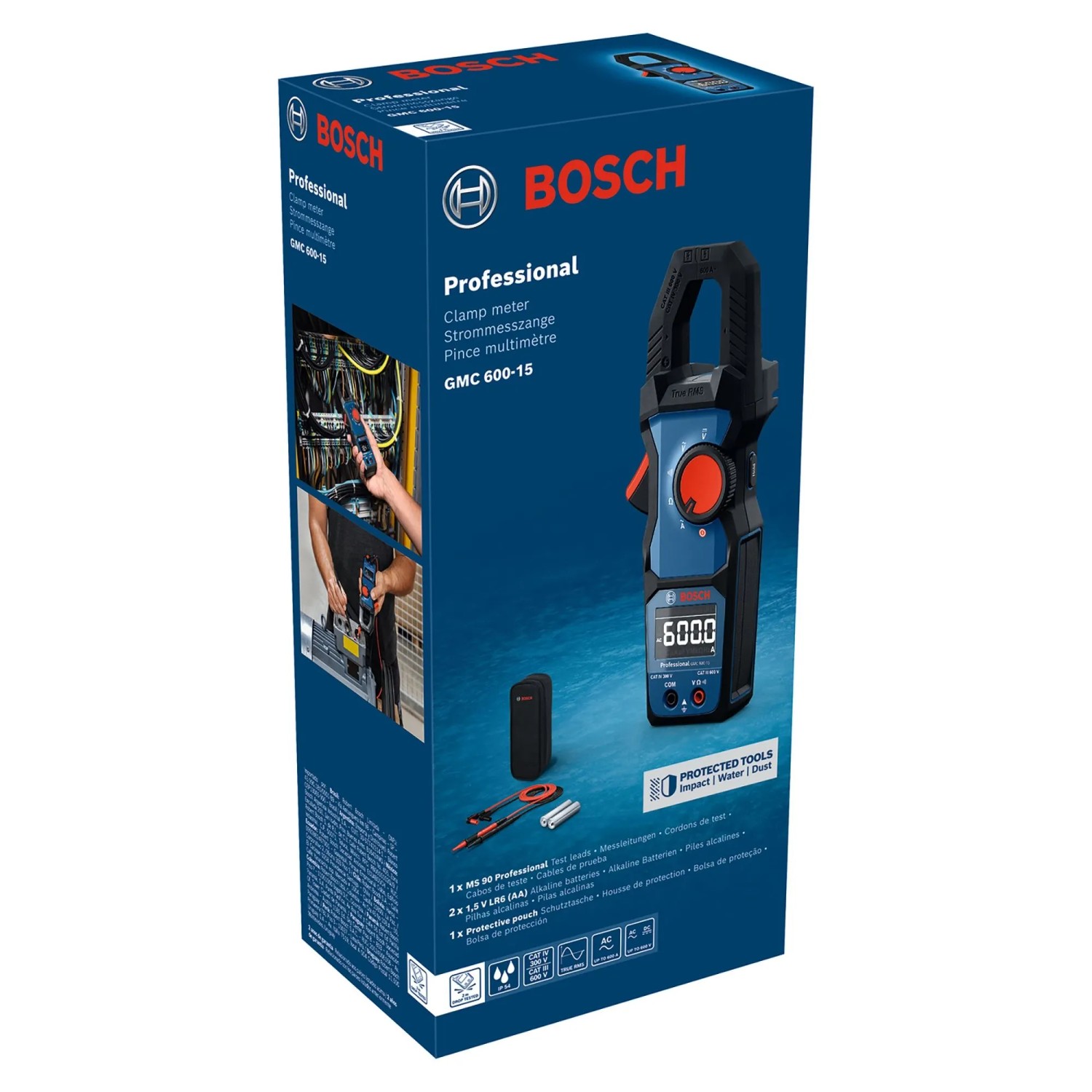 Balení klešťového ampérmetru Bosch Professional GMC 600-15. Modrý design s obrázkem produktu a příslušenstvím. Balení klešťového ampérmetru Bosch Professional GMC 600-15. Modrý design s obrázkem produktu a příslušenstvím.