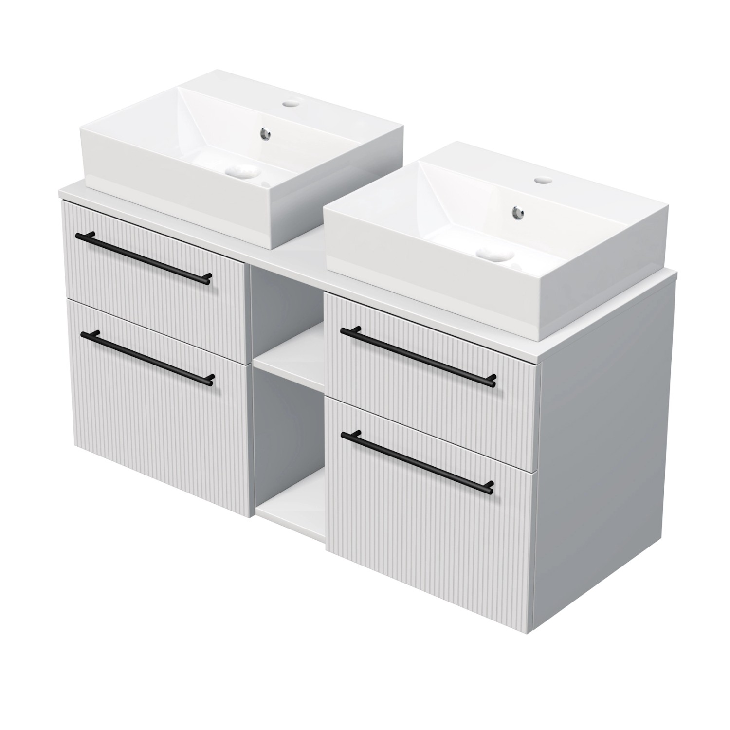 INTEDOOR Skříň+2umyvadla BEE, úchyt černý, š. 120cm, regál střed, bílá 3Dpruhy INTEDOOR Skříň+2umyvadla BEE, úchyt černý, š. 120cm, regál střed, bílá 3Dpruhy