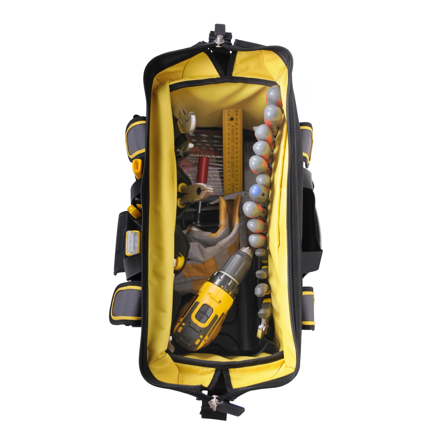Otevřená nylonová brašna na nářadí Stanley FatMax FMST1-71180 plná nářadí. Otevřená nylonová brašna na nářadí Stanley FatMax FMST1-71180 plná nářadí.