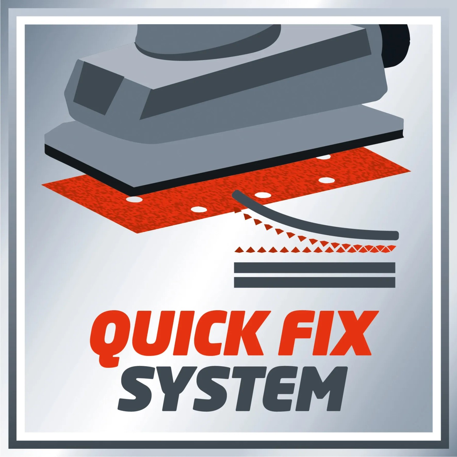 Detailní záběr excentrické brusky Einhell TC-OS 1520 se systémem Quick Fix pro brusný papír. Detailní záběr excentrické brusky Einhell TC-OS 1520 se systémem Quick Fix pro brusný papír.