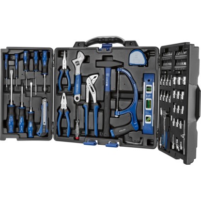 Otevřený 89dílný kufr na nářadí LUX-TOOLS s šroubováky, kleštěmi, kladivem, ráčnou a bity v modro-černém pouzdře. Otevřený 89dílný kufr na nářadí LUX-TOOLS s šroubováky, kleštěmi, kladivem, ráčnou a bity v modro-černém pouzdře.