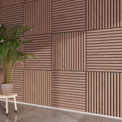 Stěna s akustickými panely vzhledu ořechu, MDF s černou akustickou plstí, 60 cm, sada 2 ks. Stěna s akustickými panely vzhledu ořechu, MDF s černou akustickou plstí, 60 cm, sada 2 ks.