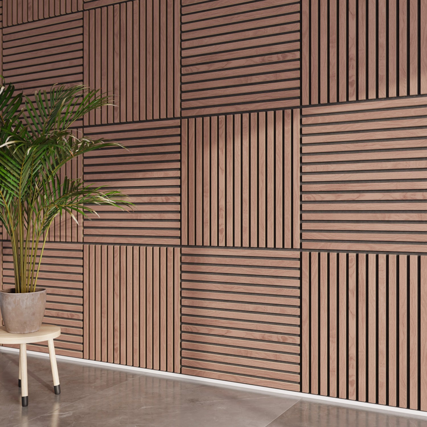 Stěna s akustickými panely vzhledu ořechu, MDF s černou akustickou plstí, 60 cm, sada 2 ks. Stěna s akustickými panely vzhledu ořechu, MDF s černou akustickou plstí, 60 cm, sada 2 ks.