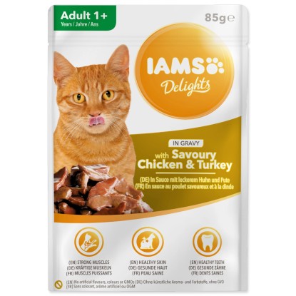 IAMS Kapsička Delights Adult s kuřecím a krůtím masem v omáčce 85 g IAMS Kapsička Delights Adult s kuřecím a krůtím masem v omáčce 85 g