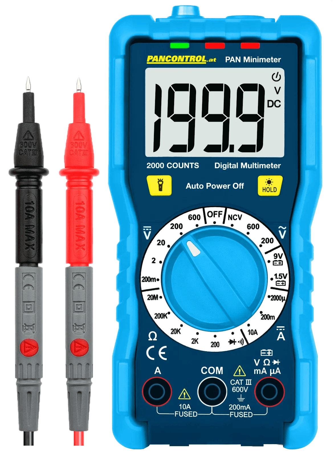 Pan Minimeter měřicí přístroj, modrý, s digitálním displejem a měřicími kabely. Pan Minimeter měřicí přístroj, modrý, s digitálním displejem a měřicími kabely.