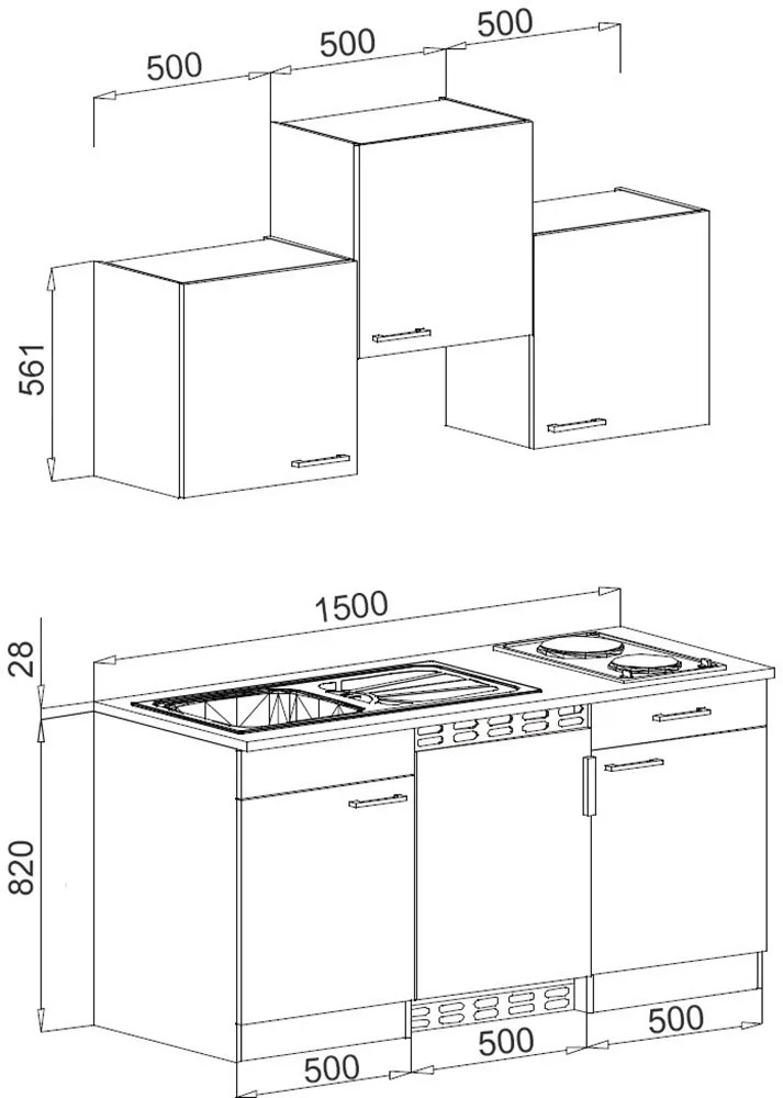 Nákres kuchyňské linky Respekta KB150ESWC, 150 cm, bílá a dub Sägerau, s dřezem a varnou deskou. Nákres kuchyňské linky Respekta KB150ESWC, 150 cm, bílá a dub Sägerau, s dřezem a varnou deskou.