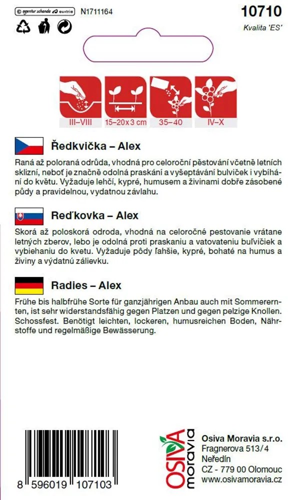 Balíček semen ředkvičky 'Alex' pro pěstování na zahradě nebo na balkoně. Balíček semen ředkvičky 'Alex' pro pěstování na zahradě nebo na balkoně.