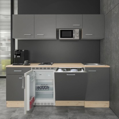 Flex-Well Morena 210 cm kancelářská kuchyň, čedičově šedá/dub San Remo: Jednolůžková kuchyň se spotřebiči jako lednice a myčka. Flex-Well Morena 210 cm kancelářská kuchyň, čedičově šedá/dub San Remo: Jednolůžková kuchyň se spotřebiči jako lednice a myčka.