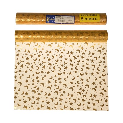 Organza se vzorem hvězdiček a měsíčků 35 x 500 cm, zlatá Organza se vzorem hvězdiček a měsíčků 35 x 500 cm, zlatá
