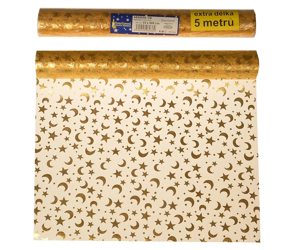 Organza se vzorem hvězdiček a měsíčků 35 x 500 cm, zlatá Organza se vzorem hvězdiček a měsíčků 35 x 500 cm, zlatá