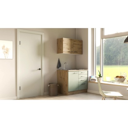 Flex-Well Cara Mini kuchyňka, 100 cm, rákosově zelená/dub artisan, s dřezem a varnou deskou. Kompaktní kuchyňka pro jednotlivce. Flex-Well Cara Mini kuchyňka, 100 cm, rákosově zelená/dub artisan, s dřezem a varnou deskou. Kompaktní kuchyňka pro jednotlivce.