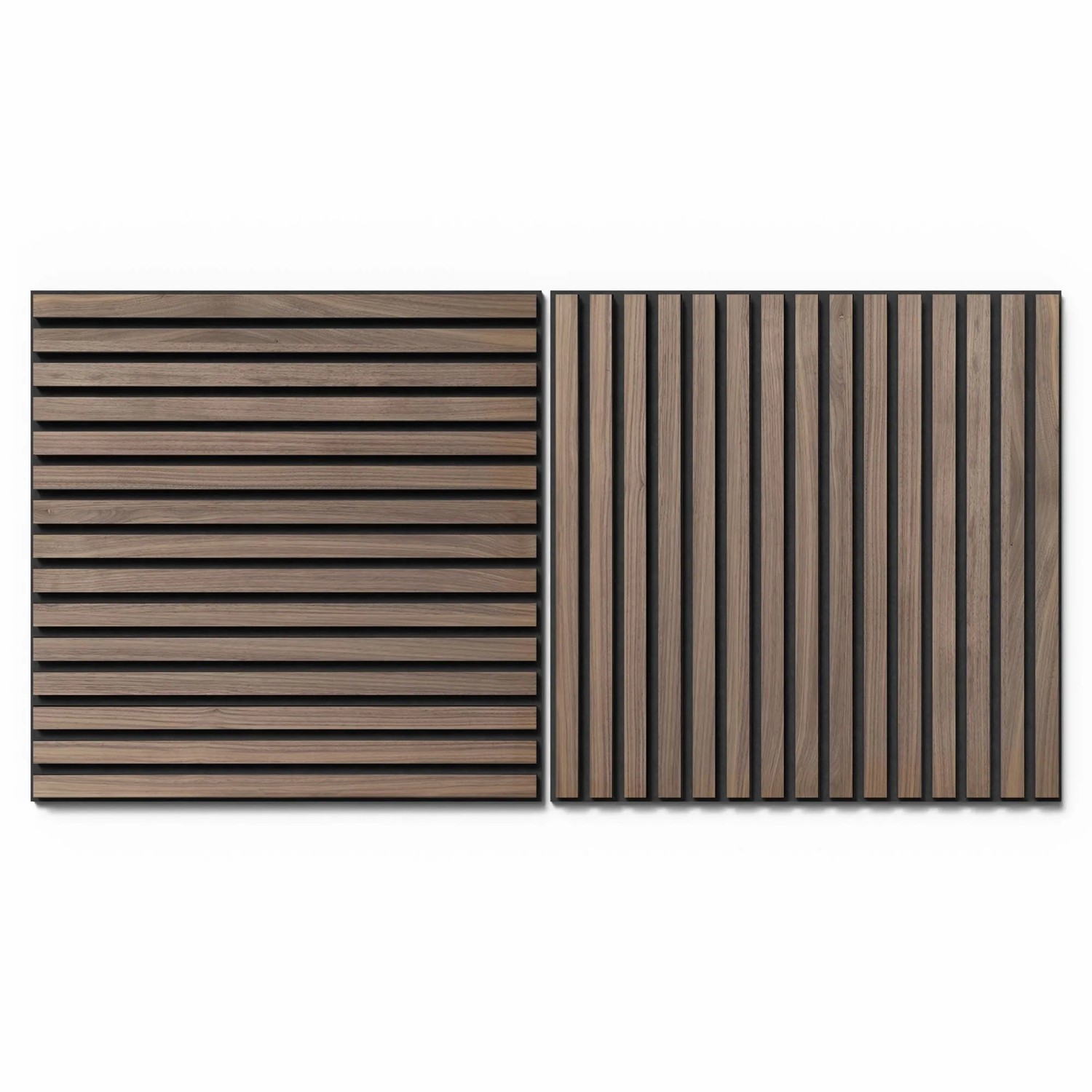 Dva akustické panely vzhledu ořechu s černou akustickou plstí pro obklad stěn, 60x60 cm. Dva akustické panely vzhledu ořechu s černou akustickou plstí pro obklad stěn, 60x60 cm.