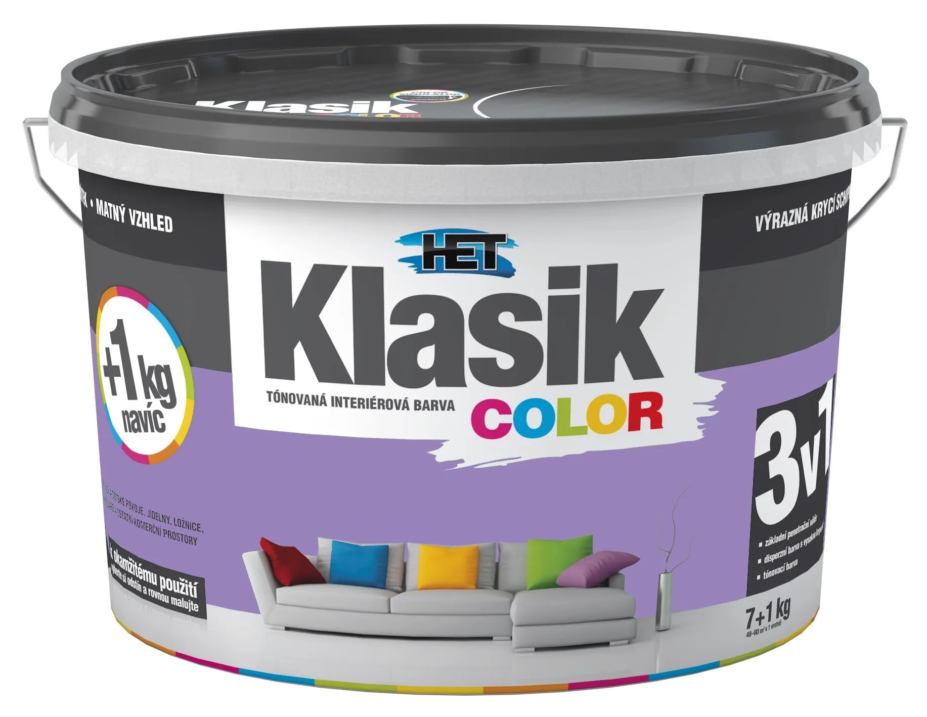 HET Klasik COLOR Tónovaná interiérová barva KC 0347 fialová šeříková, 7 + 1 kg HET Klasik COLOR Tónovaná interiérová barva KC 0347 fialová šeříková, 7 + 1 kg