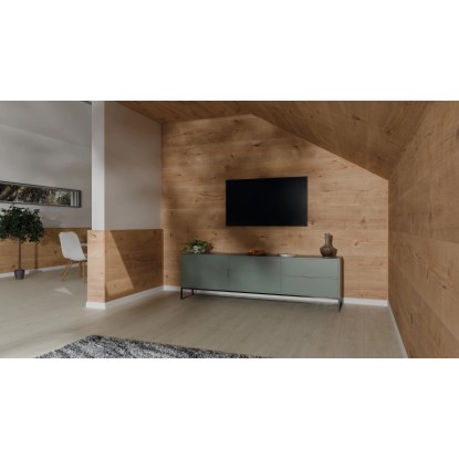 Obývací pokoj s nástěnnými panely Egger Decowall DO008 Loveland dub jako ústřední bod. Obývací pokoj s nástěnnými panely Egger Decowall DO008 Loveland dub jako ústřední bod.