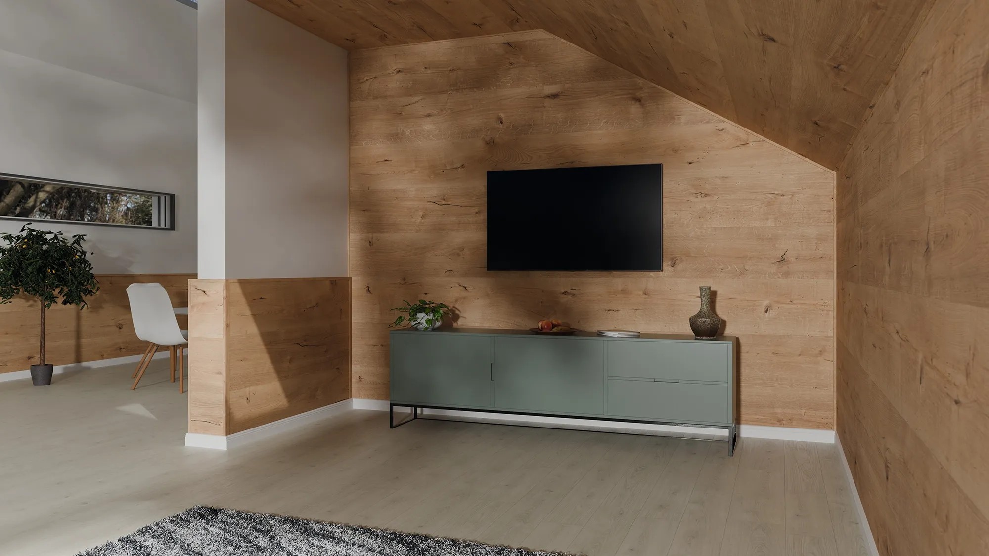 Obývací pokoj s nástěnnými panely Egger Decowall DO008 Loveland dub jako ústřední bod. Obývací pokoj s nástěnnými panely Egger Decowall DO008 Loveland dub jako ústřední bod.