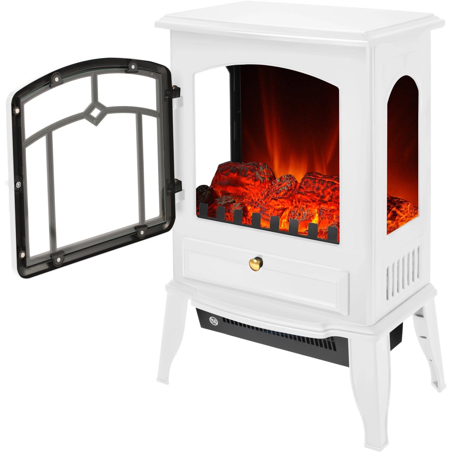 Bílý elektrický krb El Fuego Como s topením a otevřenými dvířky. Bílý elektrický krb El Fuego Como s topením a otevřenými dvířky.