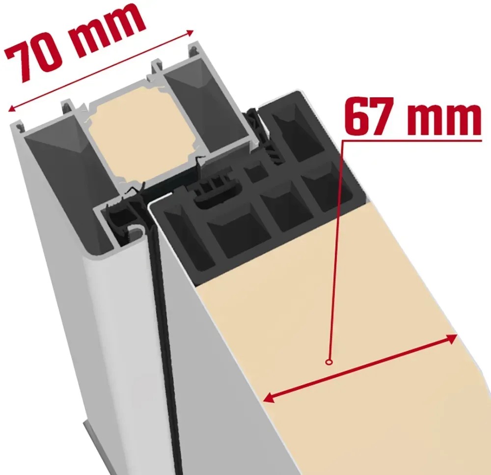 Detailní pohled na vchodové dveře Thermospace Oslo Prime: hloubka rámu 70 mm, křídlo dveří 67 mm. Detailní pohled na vchodové dveře Thermospace Oslo Prime: hloubka rámu 70 mm, křídlo dveří 67 mm.