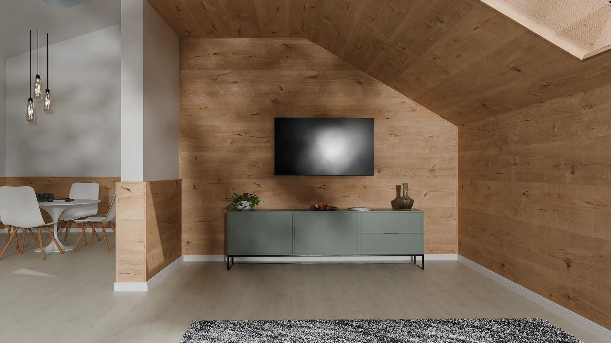 Obývací pokoj s dekoračními panely Egger Decowall DO008 Loveland dub na stěně a šikmém stropě. Obývací pokoj s dekoračními panely Egger Decowall DO008 Loveland dub na stěně a šikmém stropě.