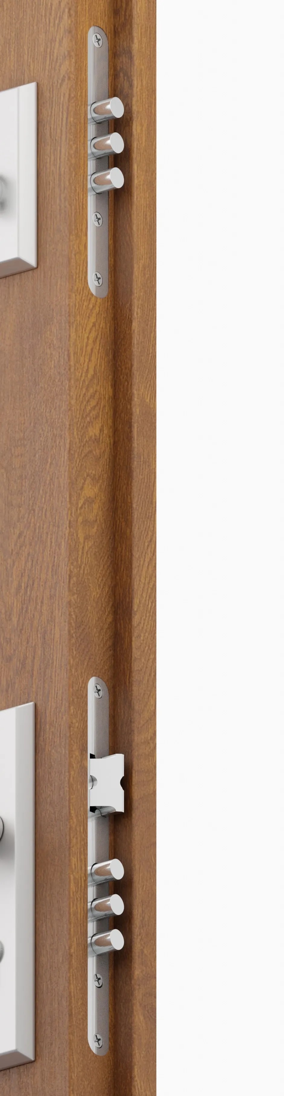 Detail vchodových dveří: Vícebodové zamykání pro zvýšenou bezpečnost. Detail vchodových dveří: Vícebodové zamykání pro zvýšenou bezpečnost.