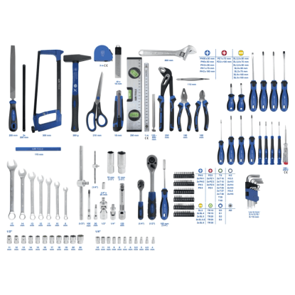 LUX-TOOLS 155dílná sada nářadí: ráčny, šroubováky, kleště, kladivo, nástrčné klíče z Cr-V oceli. Modrá/stříbrná. LUX-TOOLS 155dílná sada nářadí: ráčny, šroubováky, kleště, kladivo, nástrčné klíče z Cr-V oceli. Modrá/stříbrná.