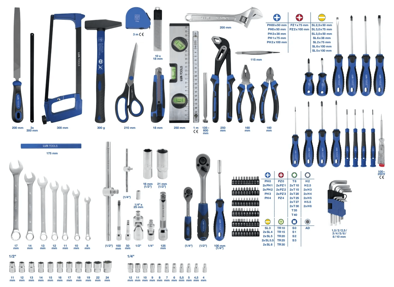 LUX-TOOLS 155dílná sada nářadí: ráčny, šroubováky, kleště, kladivo, nástrčné klíče z Cr-V oceli. Modrá/stříbrná. LUX-TOOLS 155dílná sada nářadí: ráčny, šroubováky, kleště, kladivo, nástrčné klíče z Cr-V oceli. Modrá/stříbrná.