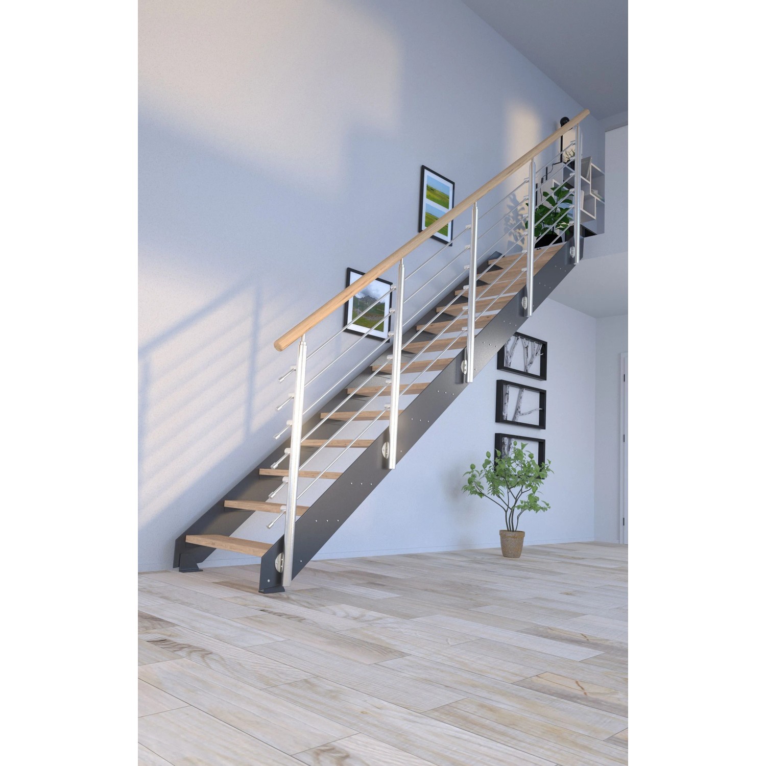 Schodiště Kos s 13 stupni z rustikálního dubu, antracitové designové zábradlí. Schodiště Kos s 13 stupni z rustikálního dubu, antracitové designové zábradlí.