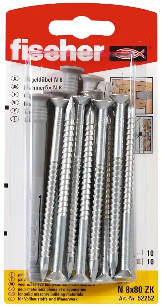 Fischer Hmoždinka s hřebíkem N 8 x 80/40 S, balení 10 ks, s předmontovaným hřebíkem. Fischer Hmoždinka s hřebíkem N 8 x 80/40 S, balení 10 ks, s předmontovaným hřebíkem.
