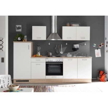 Kuchyňská linka Respekta KB270ENWP v bílé barvě a dekoru dub Natura se spotřebiči. Kuchyňská linka Respekta KB270ENWP v bílé barvě a dekoru dub Natura se spotřebiči.