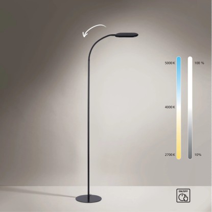 Černá LED stojací lampa Kelly, stmívatelná a výškově nastavitelná, ideální jako lampa na čtení. Černá LED stojací lampa Kelly, stmívatelná a výškově nastavitelná, ideální jako lampa na čtení.