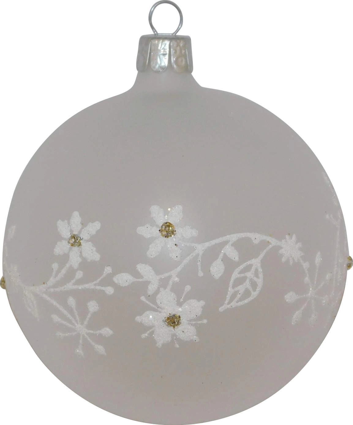 Ornex Vánoční ozdoba skleněná koule s kvítím bílá, 8 cm Ornex Vánoční ozdoba skleněná koule s kvítím bílá, 8 cm