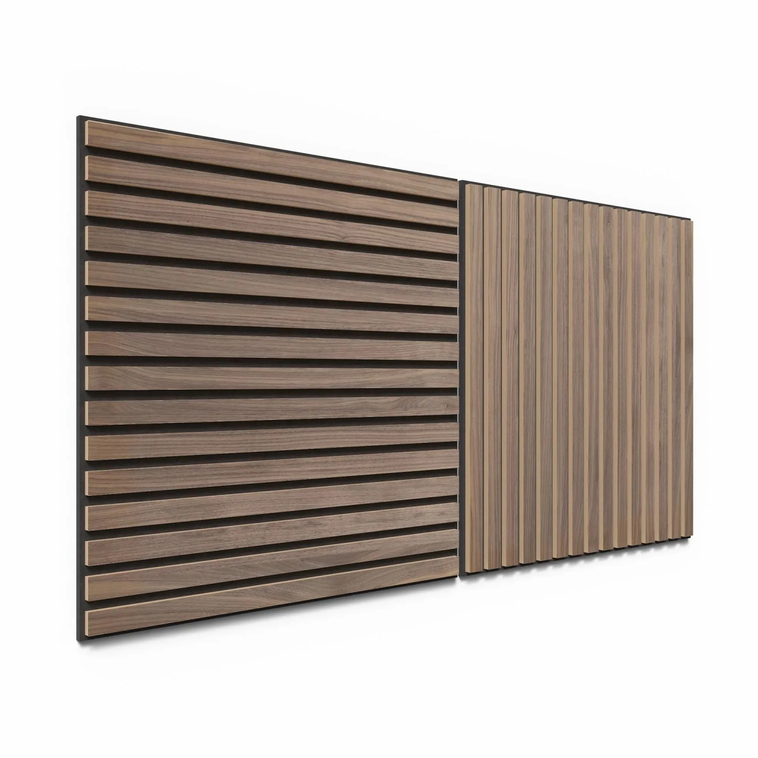 Dva akustické panely 60 cm vzhled ořech s černou akustickou plstí pro obklad stěn. Dva akustické panely 60 cm vzhled ořech s černou akustickou plstí pro obklad stěn.