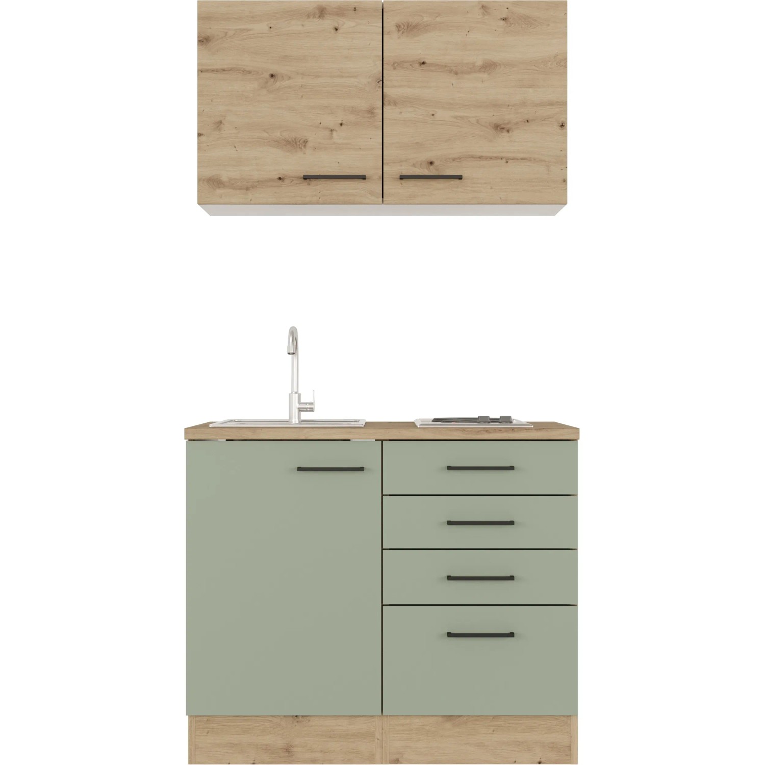 Flex-Well Cara Mini kuchyňka, 100 cm, rákosově zelená/dub artisan, s dřezem a varnou deskou. Flex-Well Cara Mini kuchyňka, 100 cm, rákosově zelená/dub artisan, s dřezem a varnou deskou.