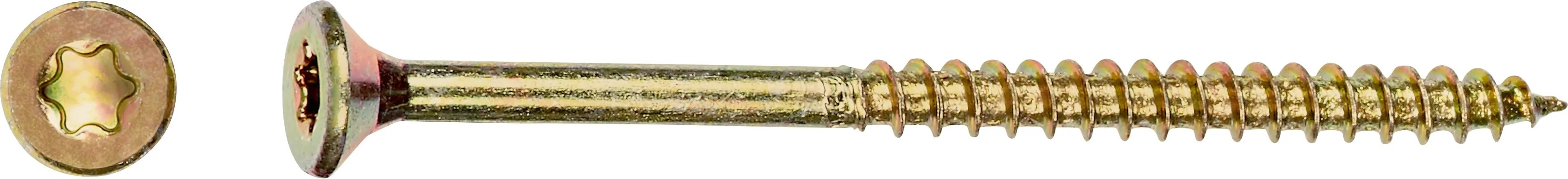 Žlutě zinkovaný vrut do dřevotřísky se zápustnou hlavou a TX pohonem, Ø 5x40 mm. Žlutě zinkovaný vrut do dřevotřísky se zápustnou hlavou a TX pohonem, Ø 5x40 mm.