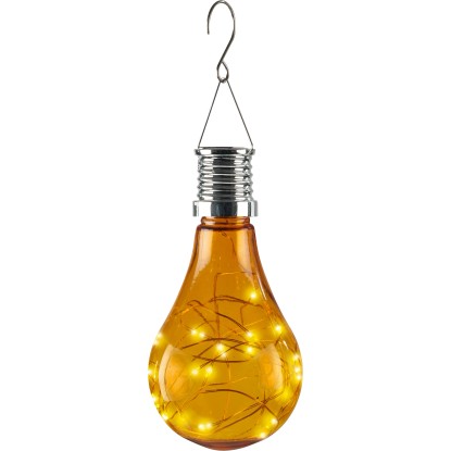 Žluté LED solární závěsné svítidlo ve tvaru žárovky s pohádkovými světly pro venkovní použití. Žluté LED solární závěsné svítidlo ve tvaru žárovky s pohádkovými světly pro venkovní použití.