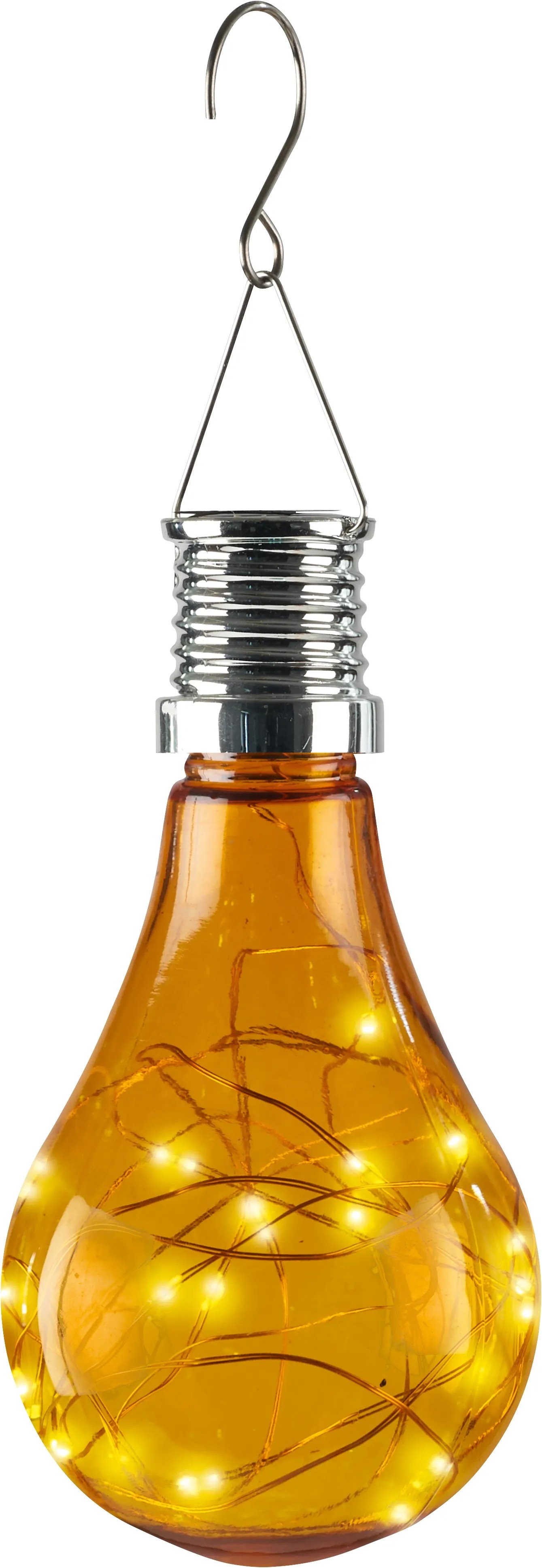 Žluté LED solární závěsné svítidlo ve tvaru žárovky s pohádkovými světly pro venkovní použití. Žluté LED solární závěsné svítidlo ve tvaru žárovky s pohádkovými světly pro venkovní použití.