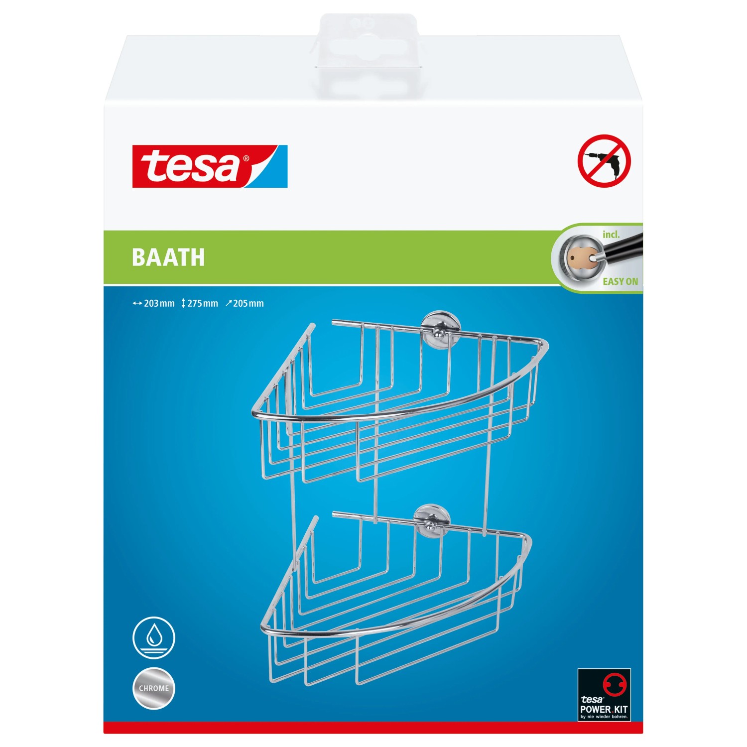 Tesa Baath Plus rohová sprchová police, chromovaná, pro montáž na stěnu bez vrtání. Tesa Baath Plus rohová sprchová police, chromovaná, pro montáž na stěnu bez vrtání.