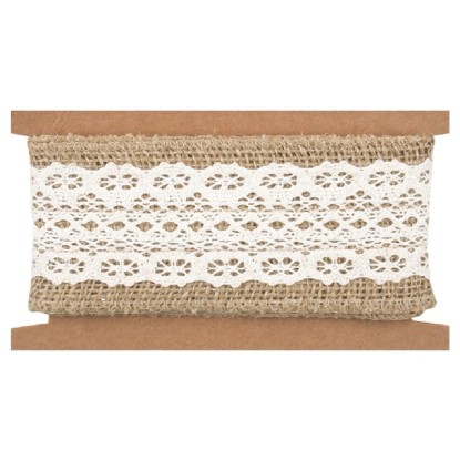 Stuha jutová s krémovou krajkou, 6 cm x 1 m Stuha jutová s krémovou krajkou, 6 cm x 1 m